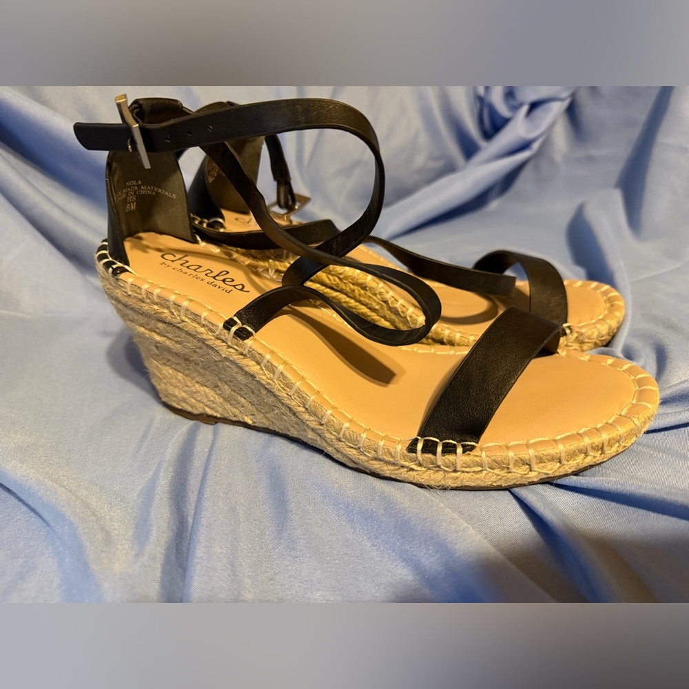 Nordstrom Black Leather Espadrille Wedge Sandals